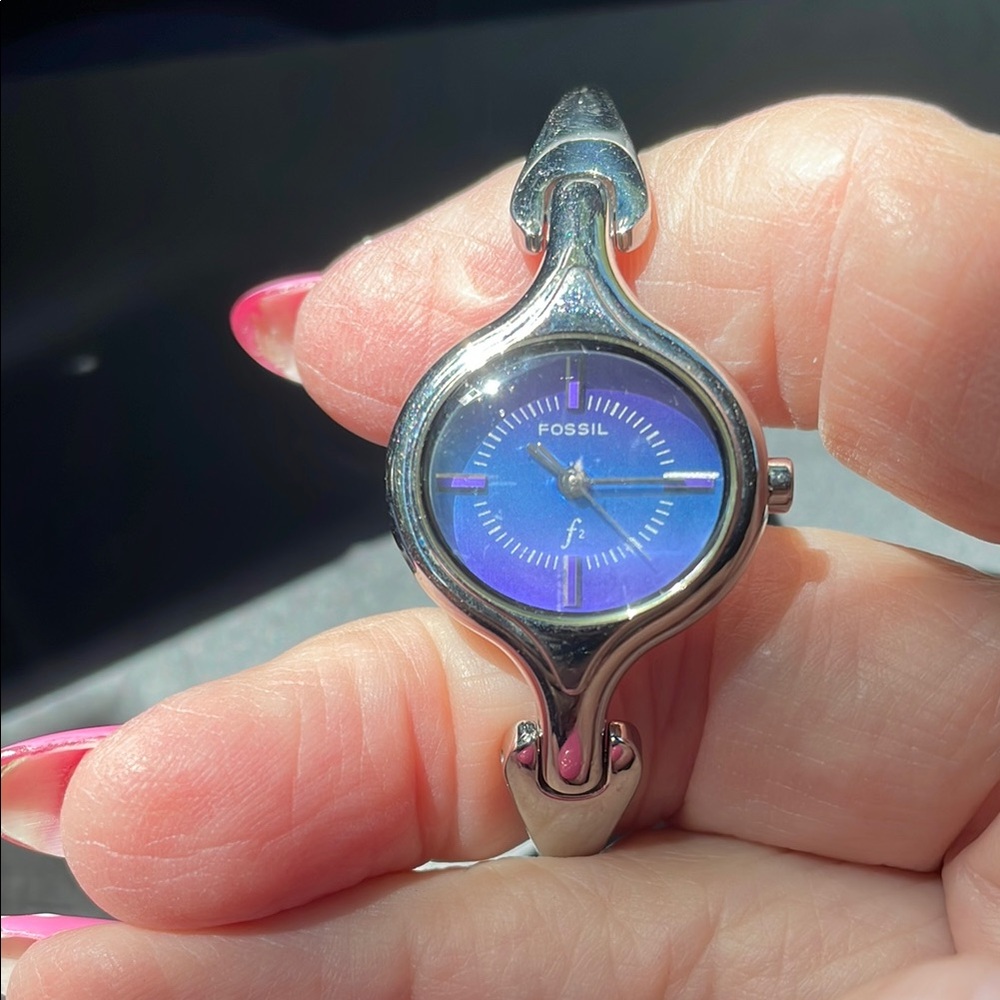 Fossil Silver and Blue Watch with Elegant Bracelet Design
